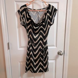 Black and tan mini dress, size S. Cowl neckline, tie waist.